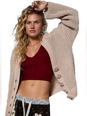 POL Beige V- Neck Long Sleeve Cardigan